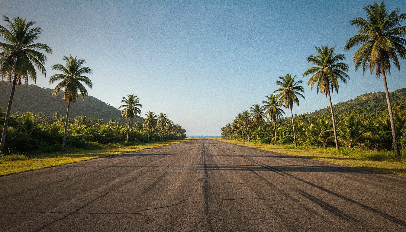 Pista di un aeroporto tropicale con palme sullo sfondo e cielo sereno