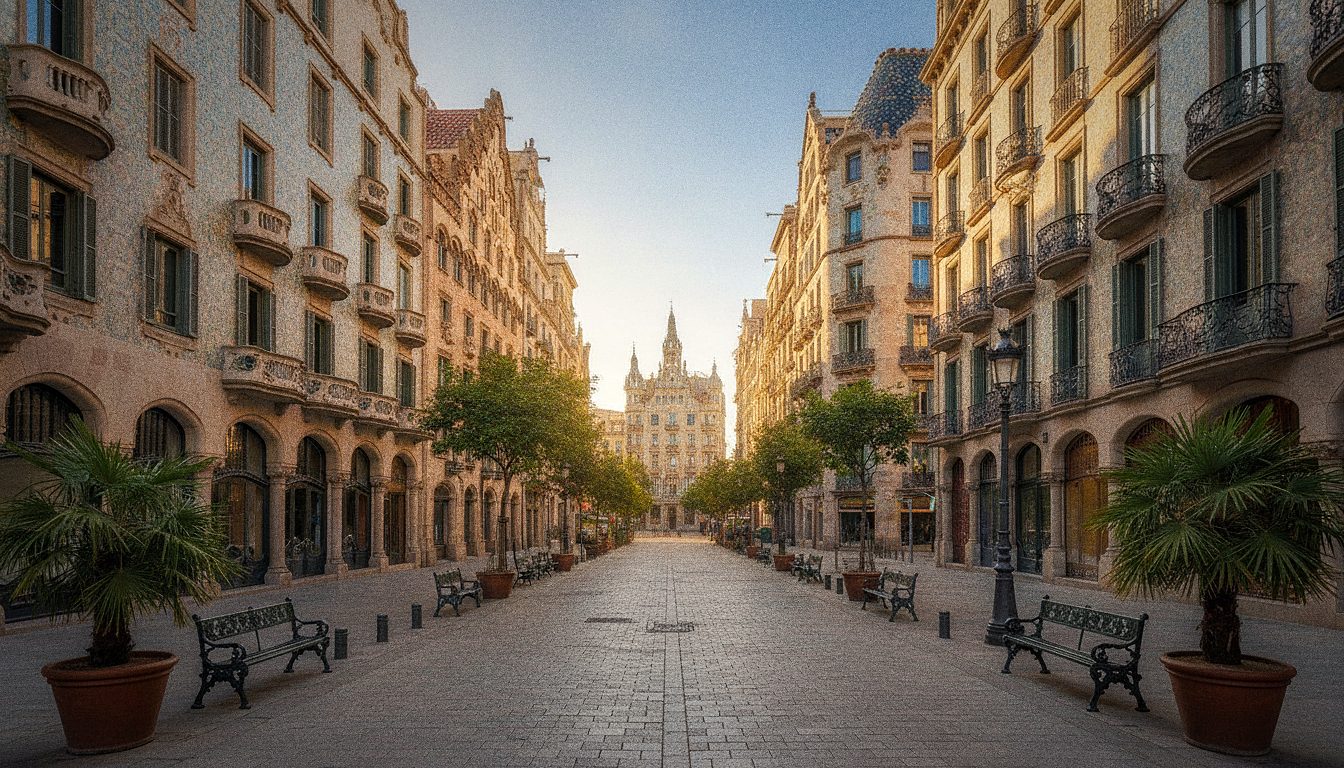 Strada del centro di Barcellona con edifici modernisti in una giornata di sole
