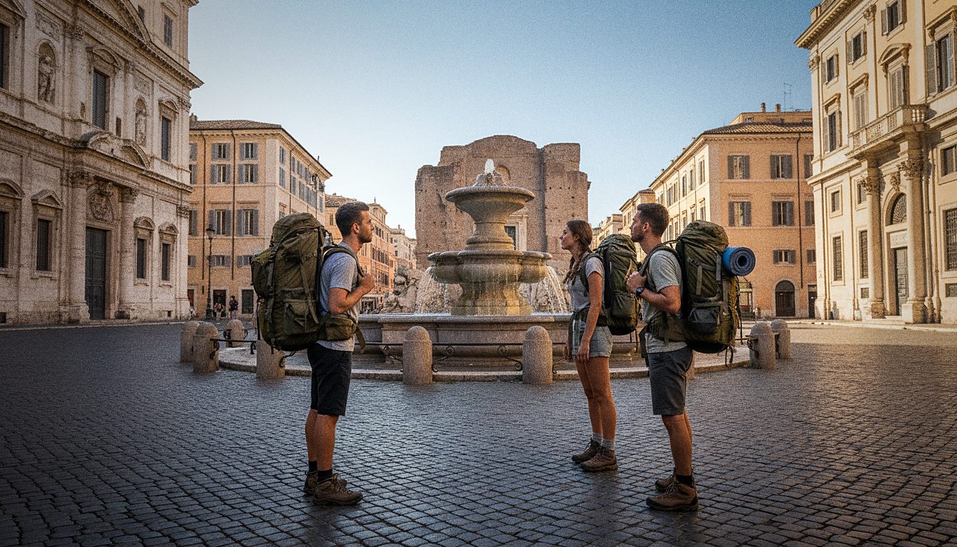 Gruppo di giovani viaggiatori con zaini in una piazza storica europea