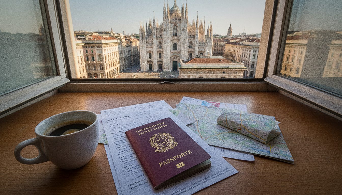 Scrivania con passaporto, documenti e una tazza di caffè, vista dall'alto