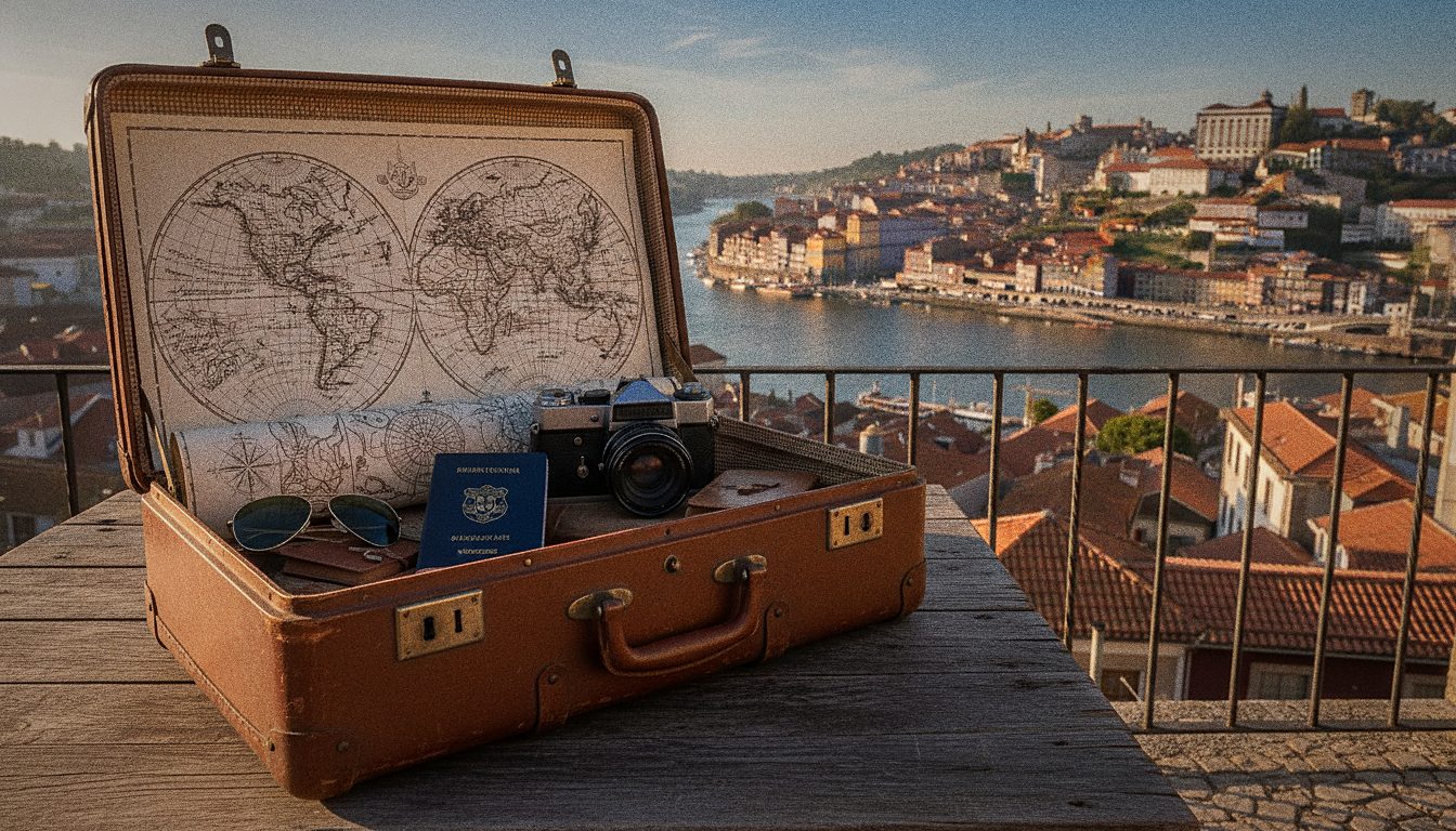 Valigia aperta su un tavolo con una mappa del mondo, passaporto e macchina fotografica